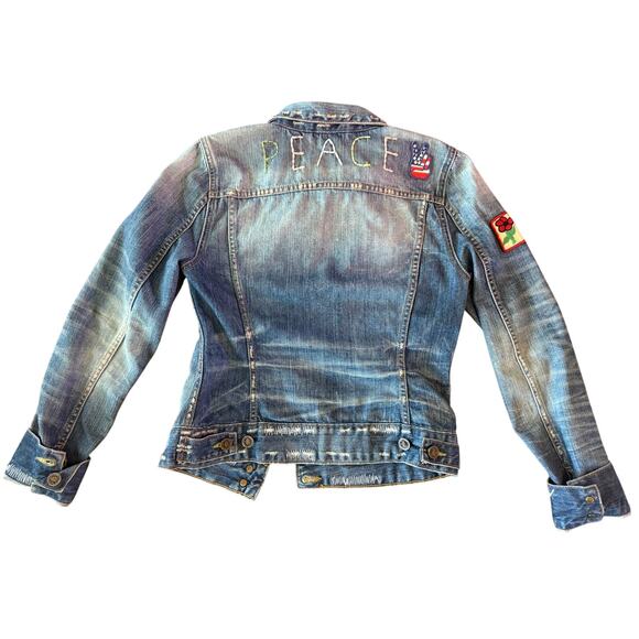 Vintage Lucky Legends Denim Jacket Embroidered Hippie Boho Distressed Patch - Picture 2 of 6